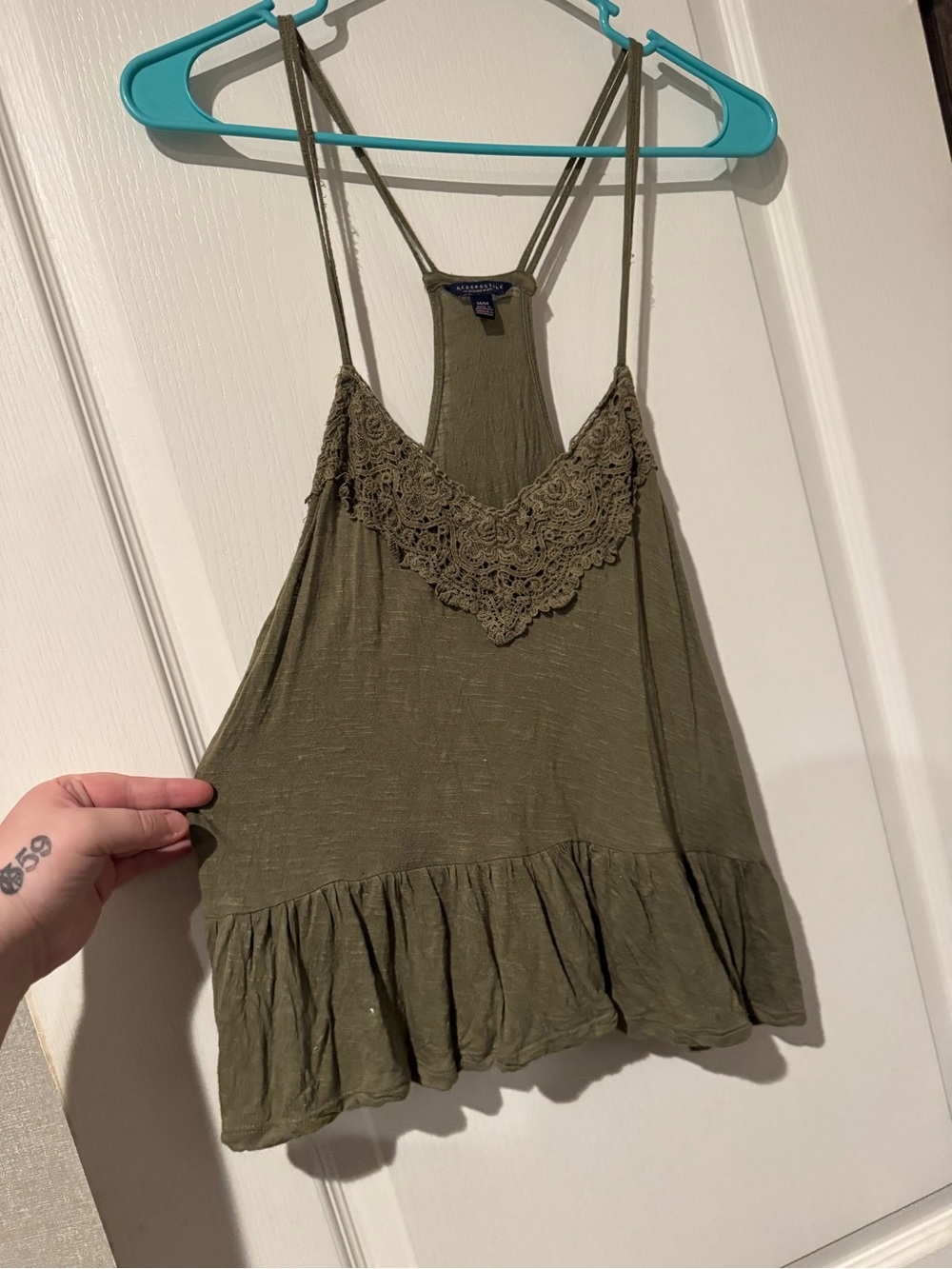 Aeropostale Olive Green Lace Trim Babydoll Tank Top Cami